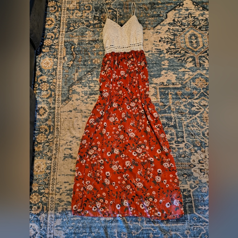 Floral Red Maxi Dress with Lace Detail
